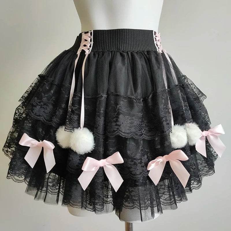 PomPom Balletcore Princess Coquette Style Lace Skirt with Bows