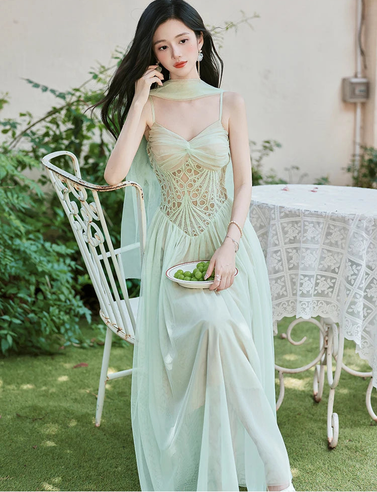 green fairy dress women's Fairy Ball Gown V Neck Sage Green Tiered Tulle Prom Dress Sweet 16 Dresses  AB24121209 – Anniebride main image 1