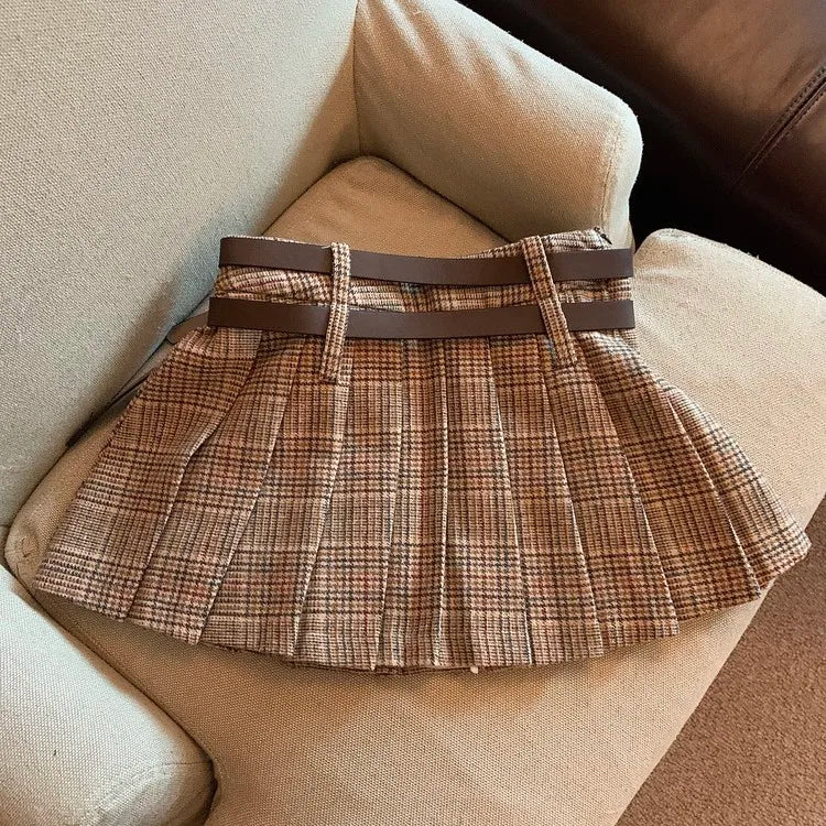 Plaid Dark Academia Pleated Mini Skirt with Attached Shorts
