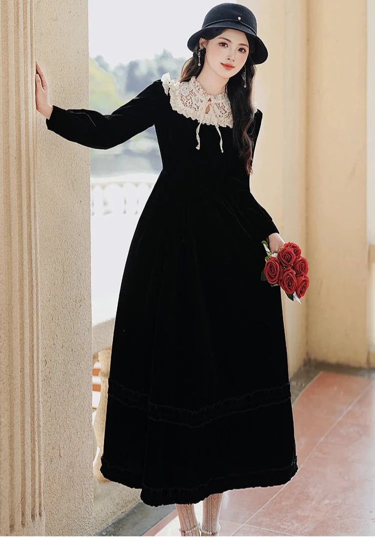 Romantic Goth Dress Black Velvet Victorian Vintage Dress Dark Romantic Romantic Goth Dress Black Velvet Victorian Vintage Dress Dark Romantic
