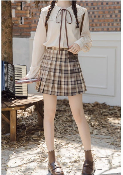 High Waist Dark Academia Plaid Pleated Skirt with Built-in Shorts
