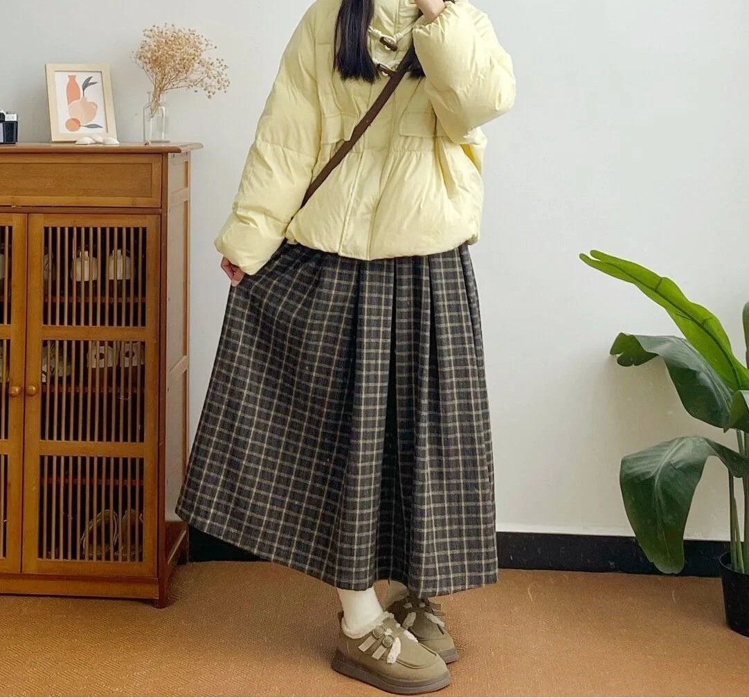 Winter Fog Wool Dark Academia Plaid Midi Skirt