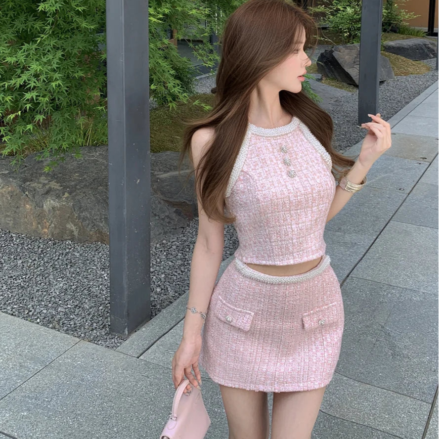 Pastel Pink Coquette 2-Piece Tweed Set