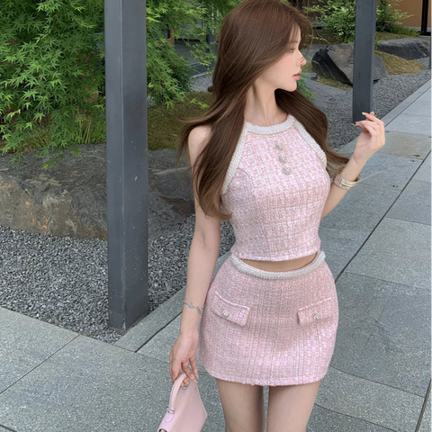 Pastel Pink Coquette 2-Piece Tweed Set