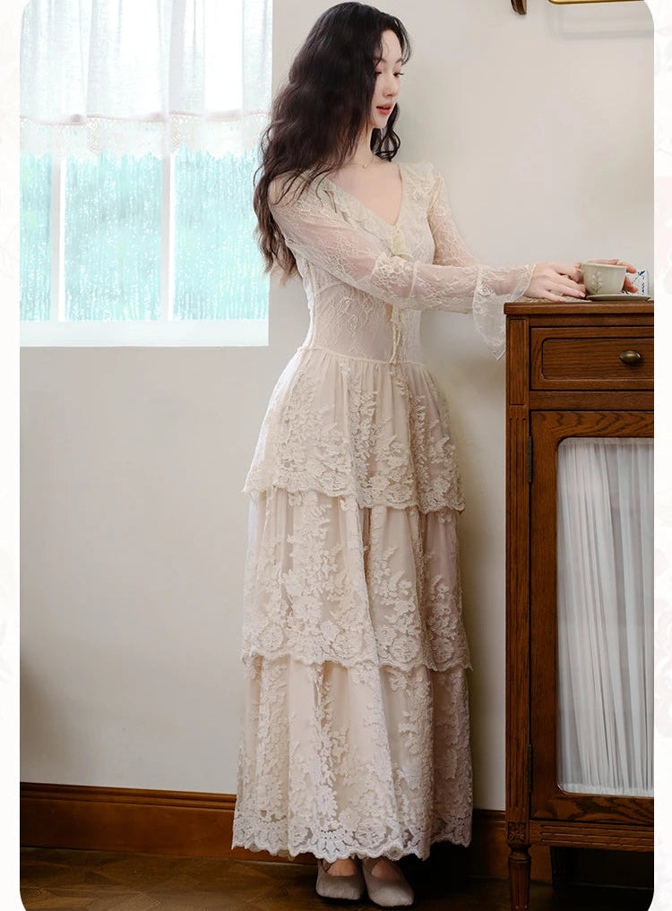 Estelia Romantic Royalcore Vintage-Style Lace Dress