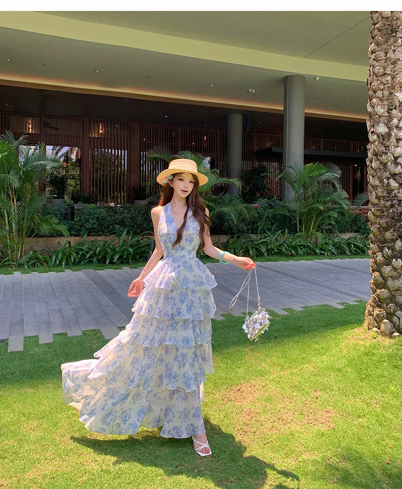 Blue Floral Fairycore Coquette Maxi Dress