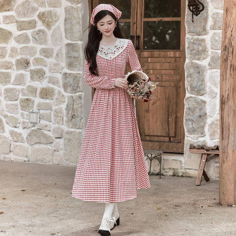 2-Piece Red Plaid Cottagecore Dress + Head Scarf Set