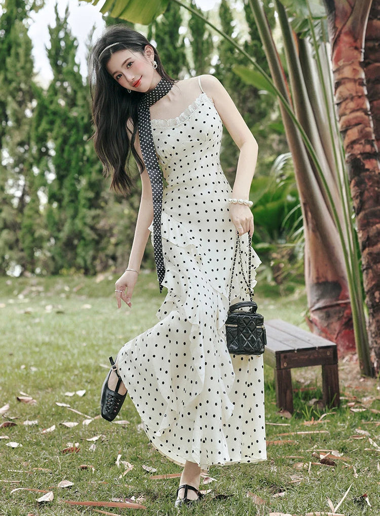 Lucy Coquette Polka Dot Maxi Dress 2-Piece Set (Dress+Scarf)