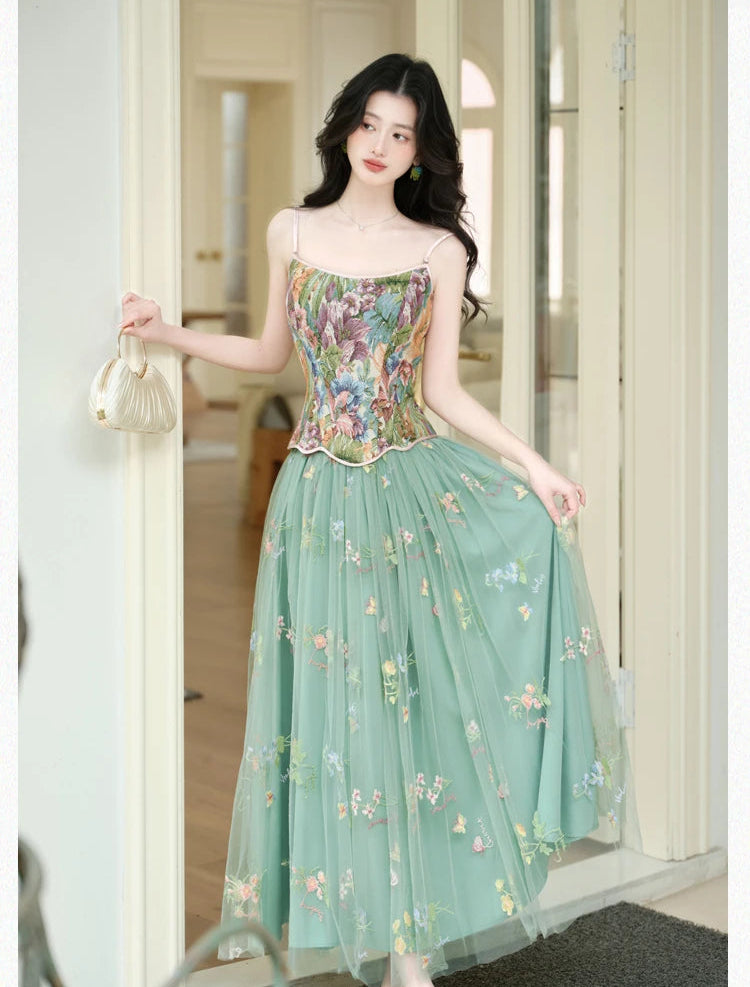 Fae Enchantment 2-Piece Flower Embroidered Green Fairy Dress Set