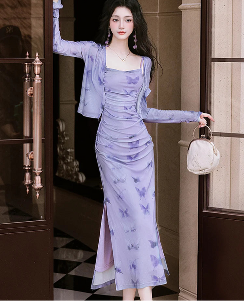 2-Piece Y2K Butterfly Slip Dress + Cardigan Set