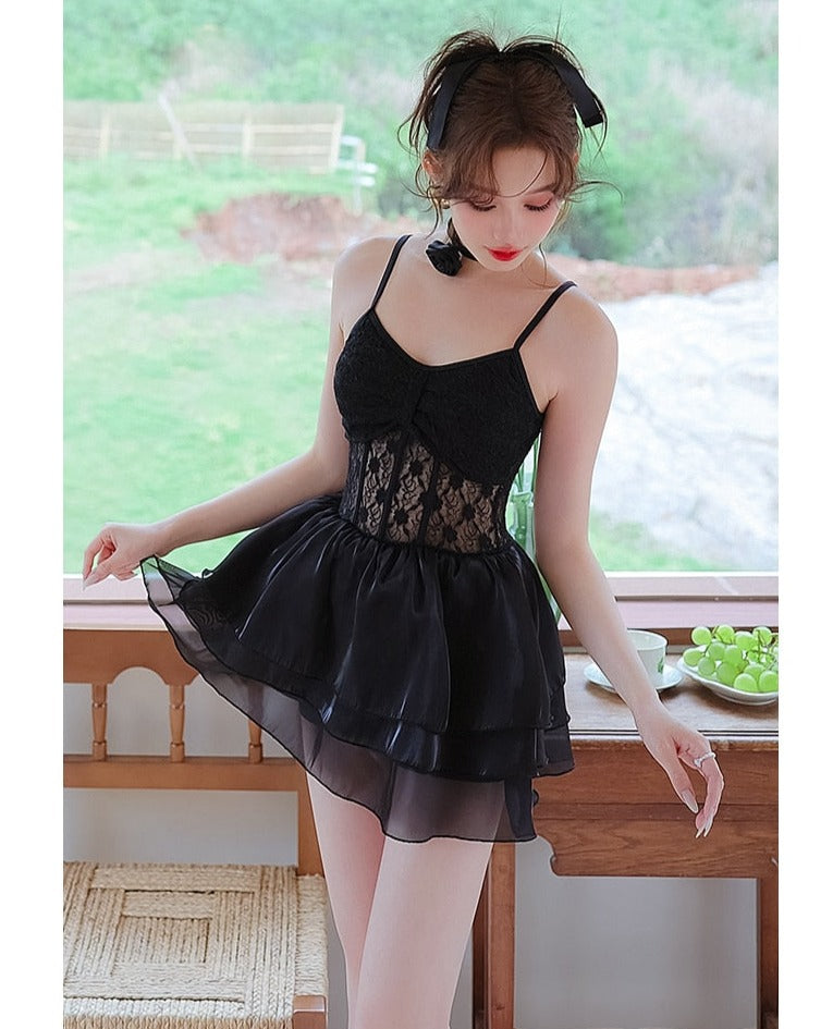 Dark Soul Black Lace Skirted Swimsuit