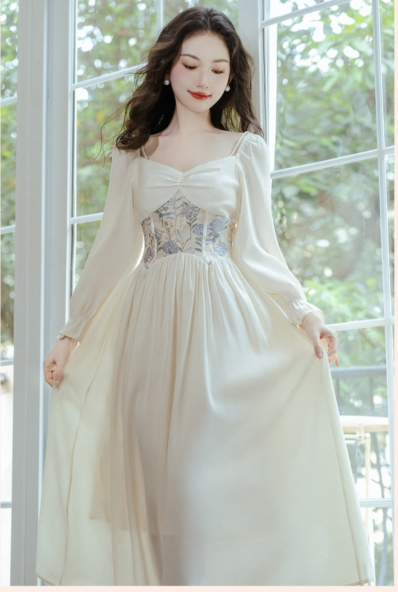Frozen Petals Fairycore Princess Dress with Pearl Shoulder Straps
