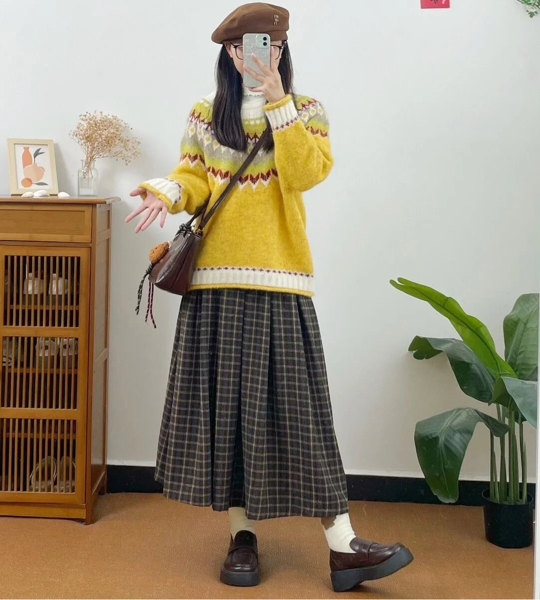 Winter Fog Wool Dark Academia Plaid Midi Skirt