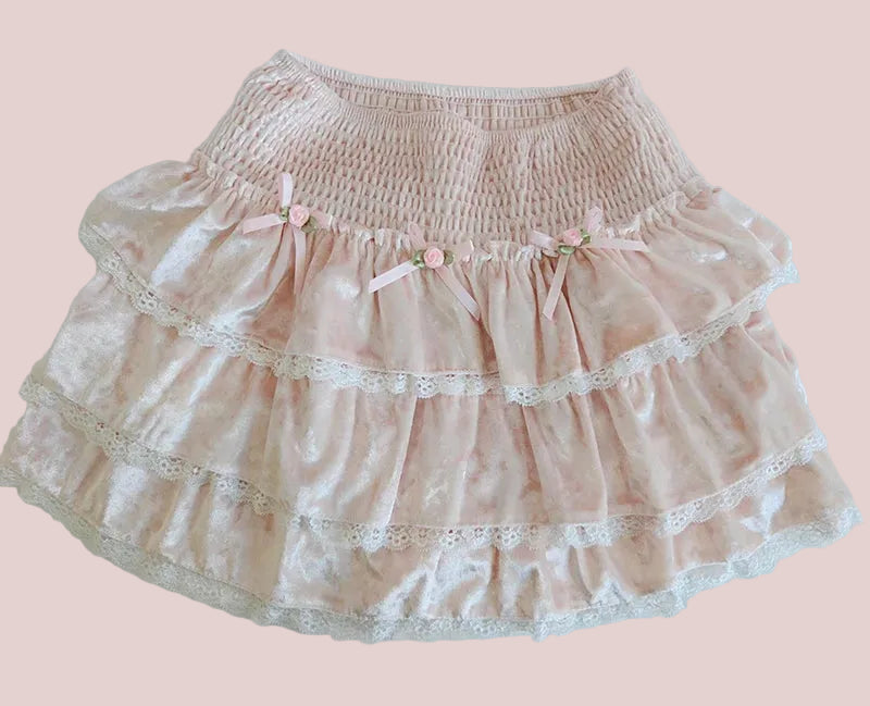 Pink Velvet Rose Decorated Coquete Mini Skirt
