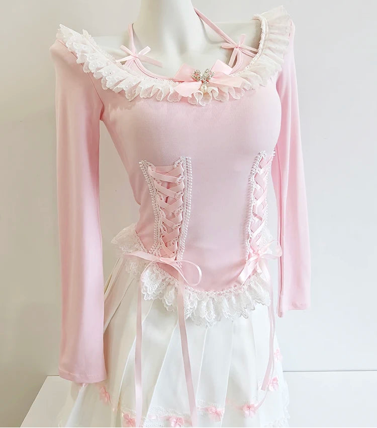 Pink/White Coquette Long Sleeve Lace-Up Kawaii Top