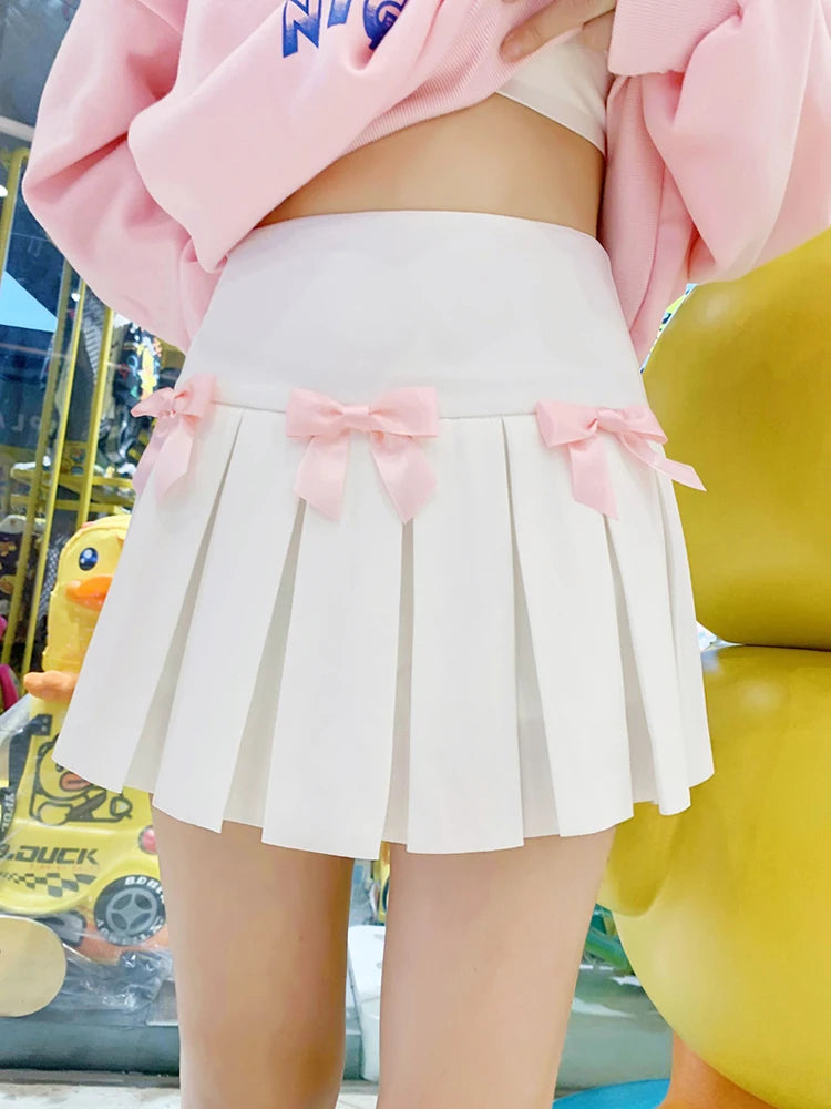 Vanilla Rose Coquette Style Pleated Mini Skirt with Bows