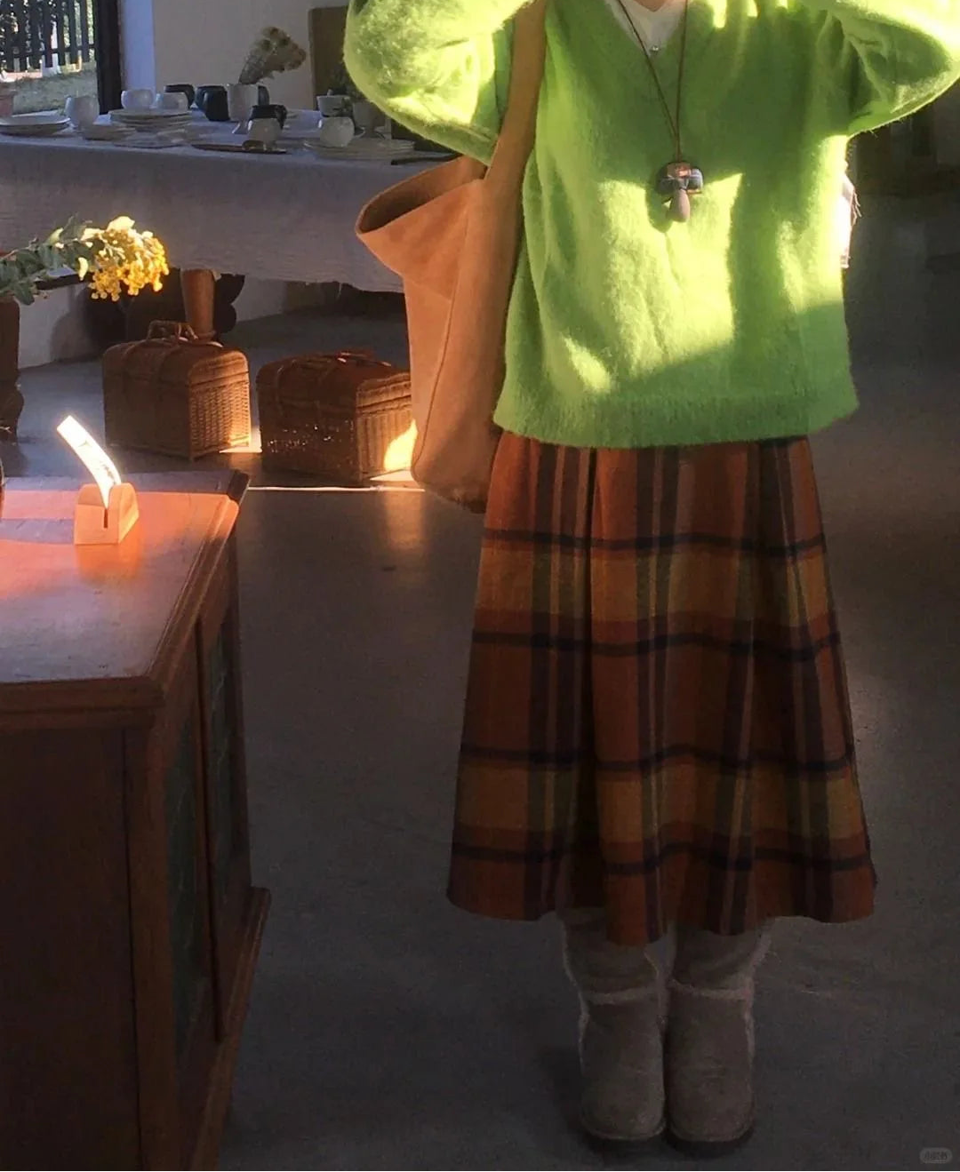 Fall Twig Plaid Wool Skirt