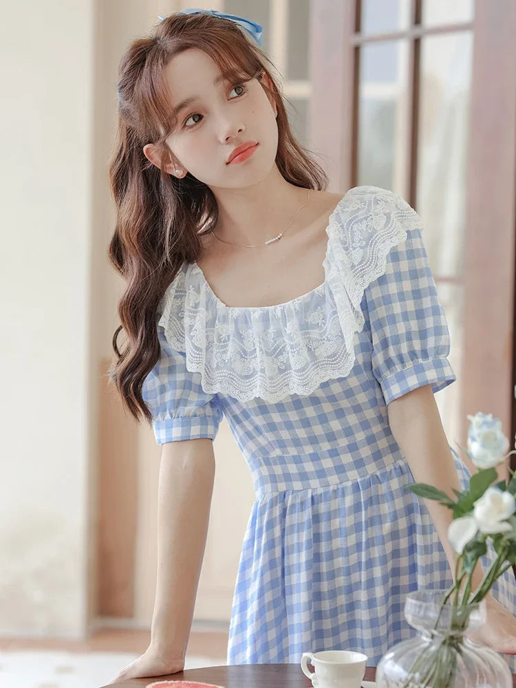 Heidi Plaid Blue Cottagecore Dress