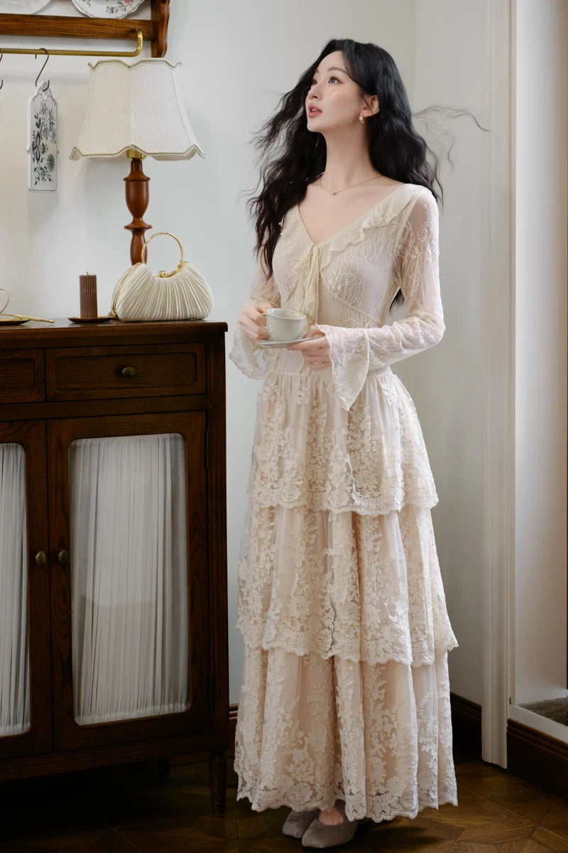 Estelia Romantic Royalcore Vintage-Style Lace Dress