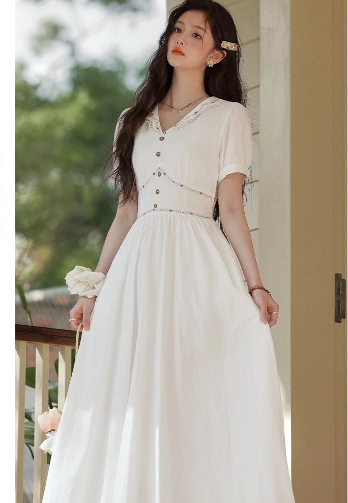 white flowy cottagecore dress Summer White Cottagecore Linen Midi dress 3448#