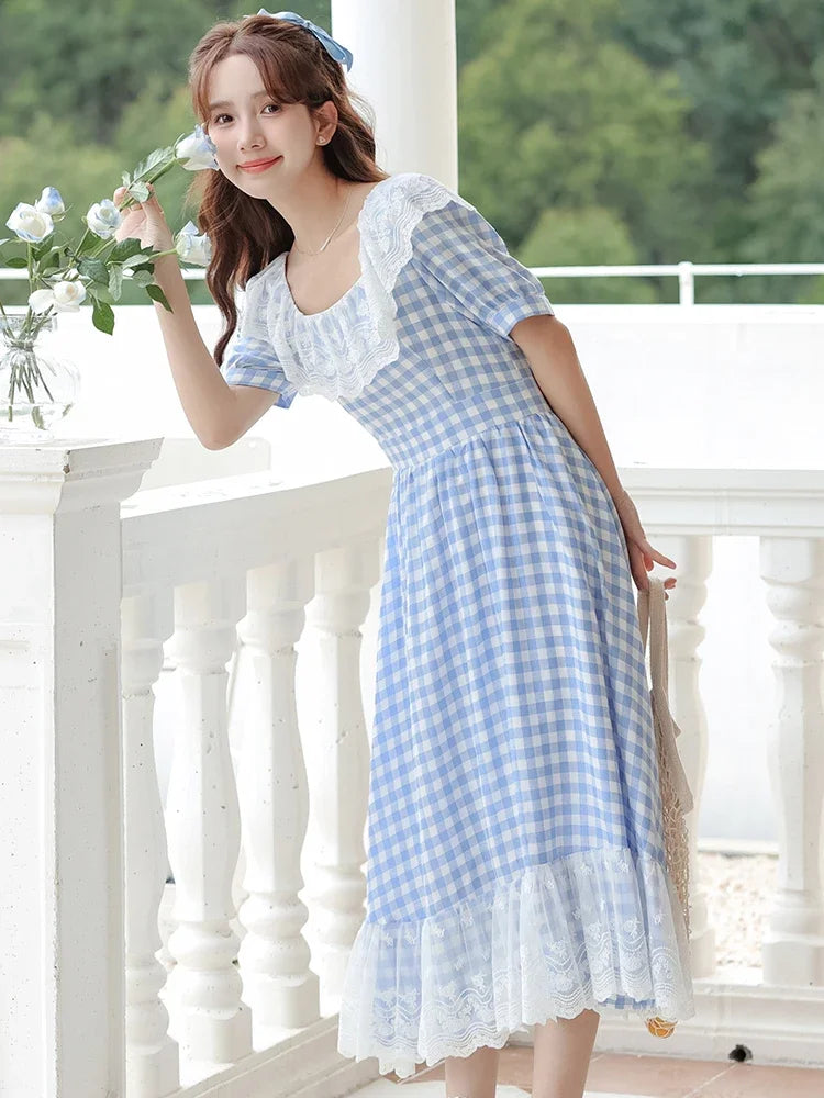 Heidi Plaid Blue Cottagecore Dress