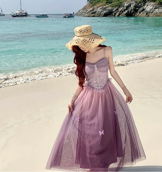 Magenta Petaltree Fairycore Prom Dress with Butterflies