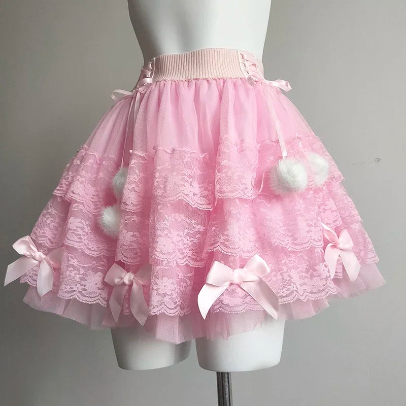 PomPom Balletcore Princess Coquette Style Lace Skirt with Bows