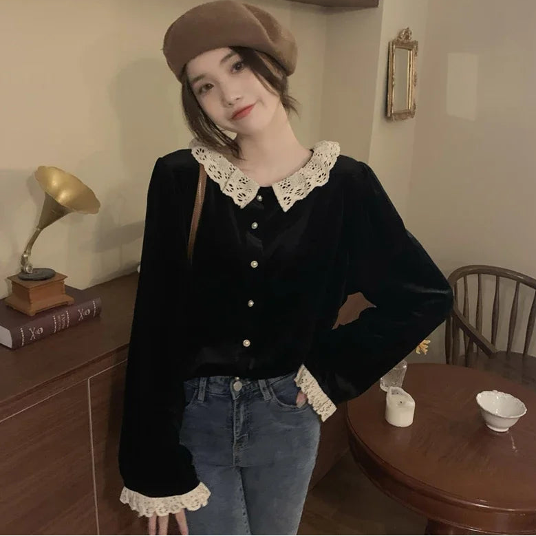 Black Velvet Romantic Gothic Dark Academia Blouse