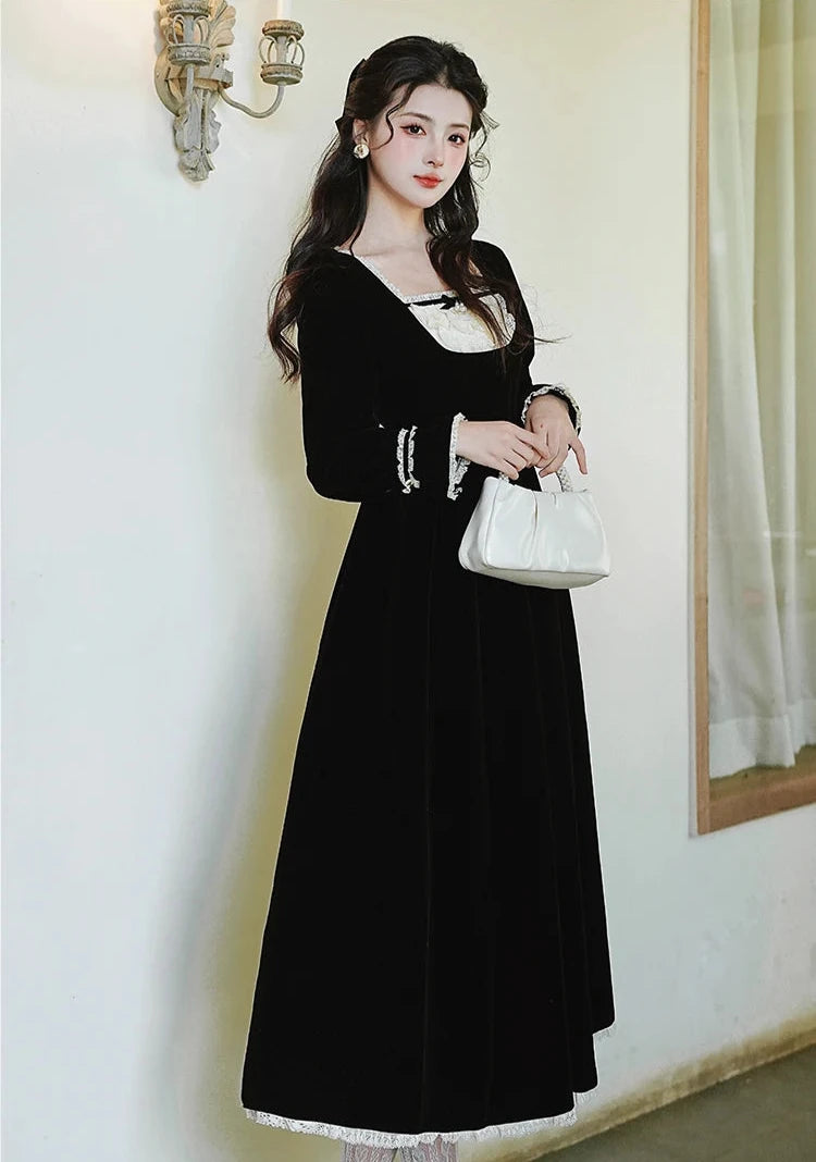 Yavia Dark Romantic Goth Princess Black Velvet Dress