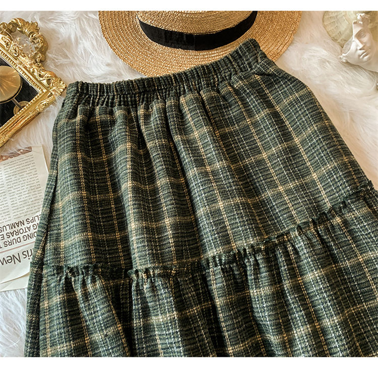 Goblincore Forest Green Plaid Wool Fall Skirt