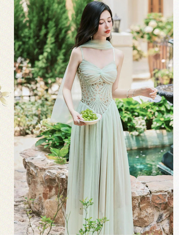 Seafoam-Green Fairy Princess Dress with Scarf