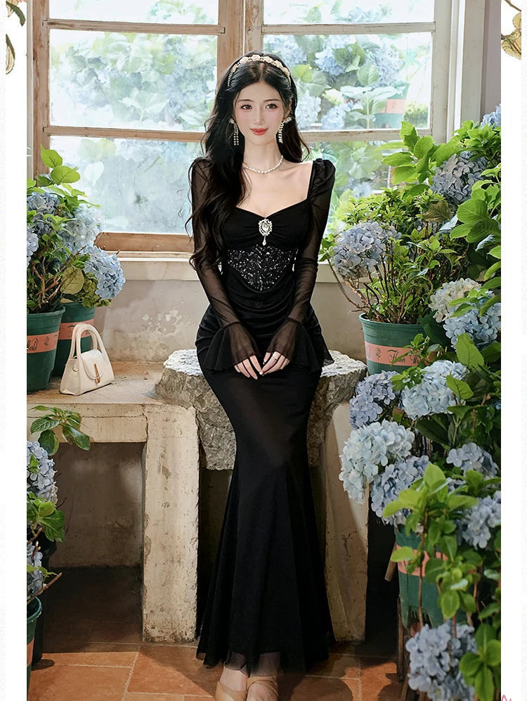 Dark Siren Dark Aesthetic Gown - Gothic Glamour Maxi Evening Dress