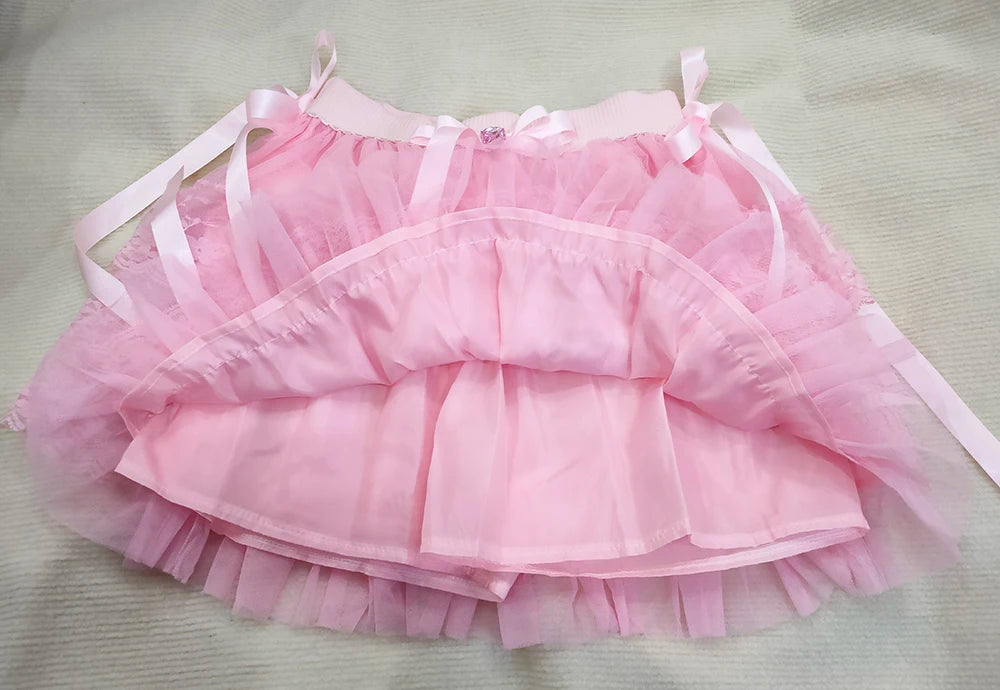 PinkBubble Princess Coquette Style Lace Bow Mini Skirt