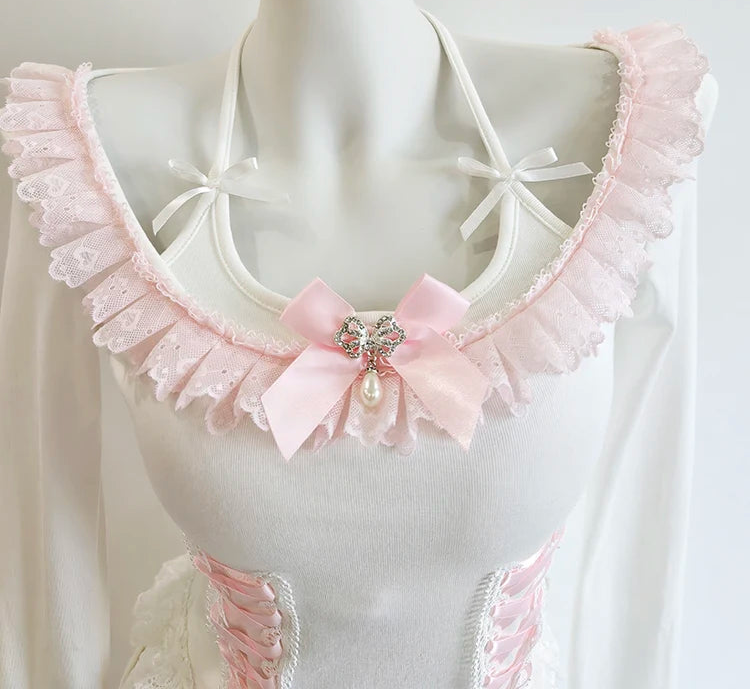 Pink/White Coquette Long Sleeve Lace-Up Kawaii Top