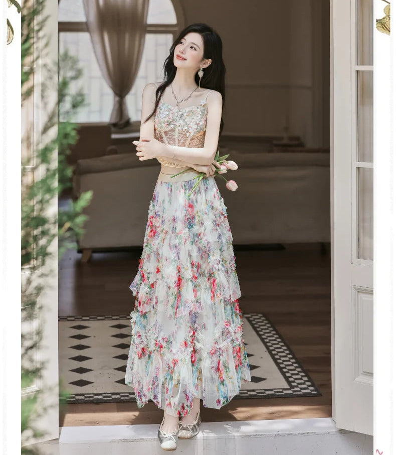 Elainna 3-Piece Outfit - Lace Bustier Top + Floral Ruffle Skirt + Cardigan