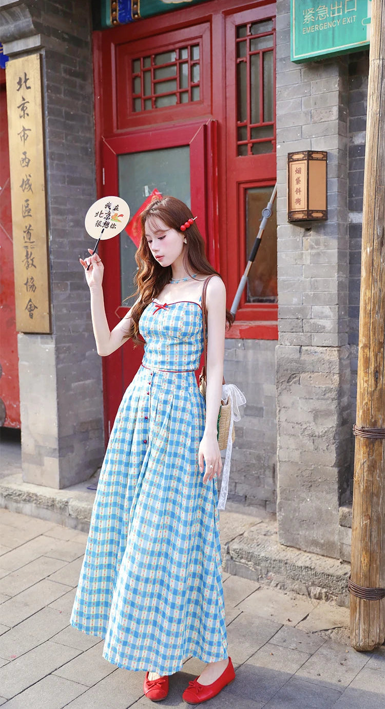2-Piece Blue Plaid Picnic Dress Set