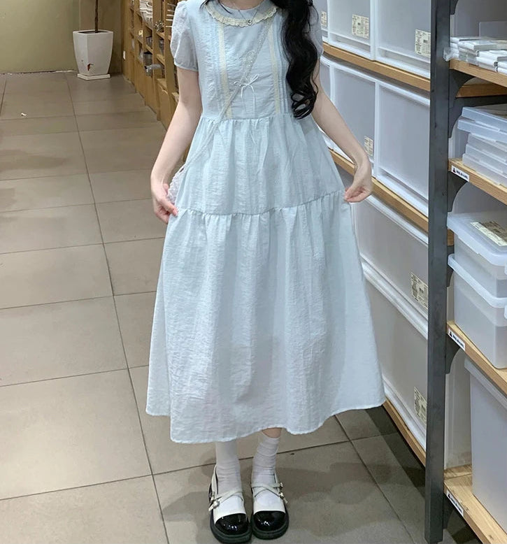 Lily of the Valley Embroidered Baby-Blue Dollcore Dress