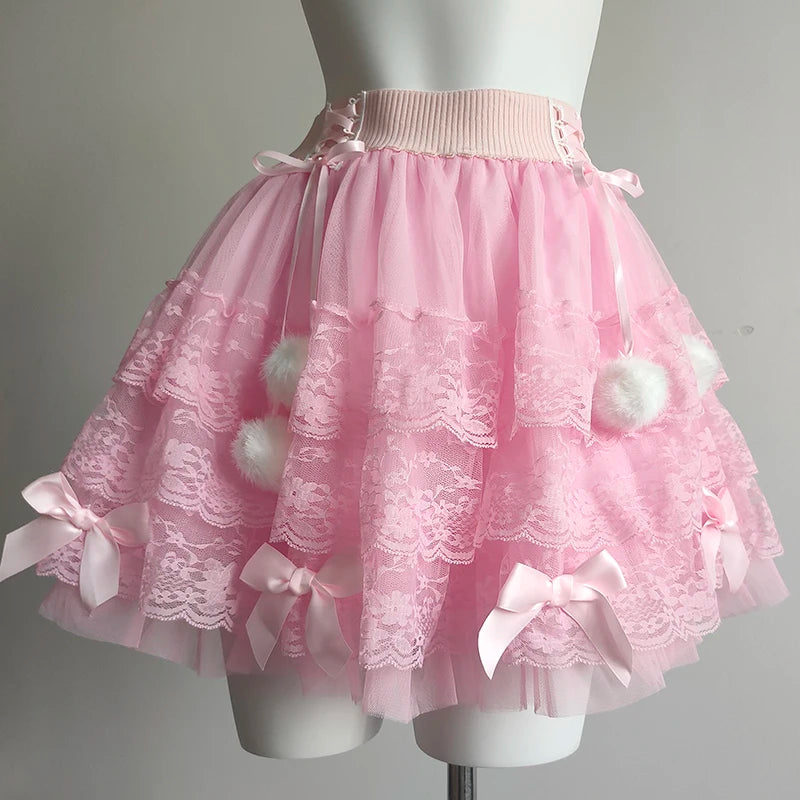 PomPom Balletcore Princess Coquette Style Lace Skirt with Bows