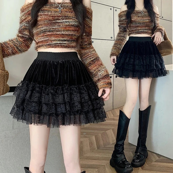 Black Velvet & Lace Goth Mini Skirt