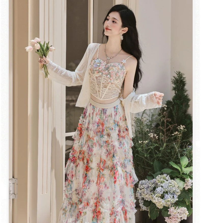 Elainna 3-Piece Outfit - Lace Bustier Top + Floral Ruffle Skirt + Cardigan