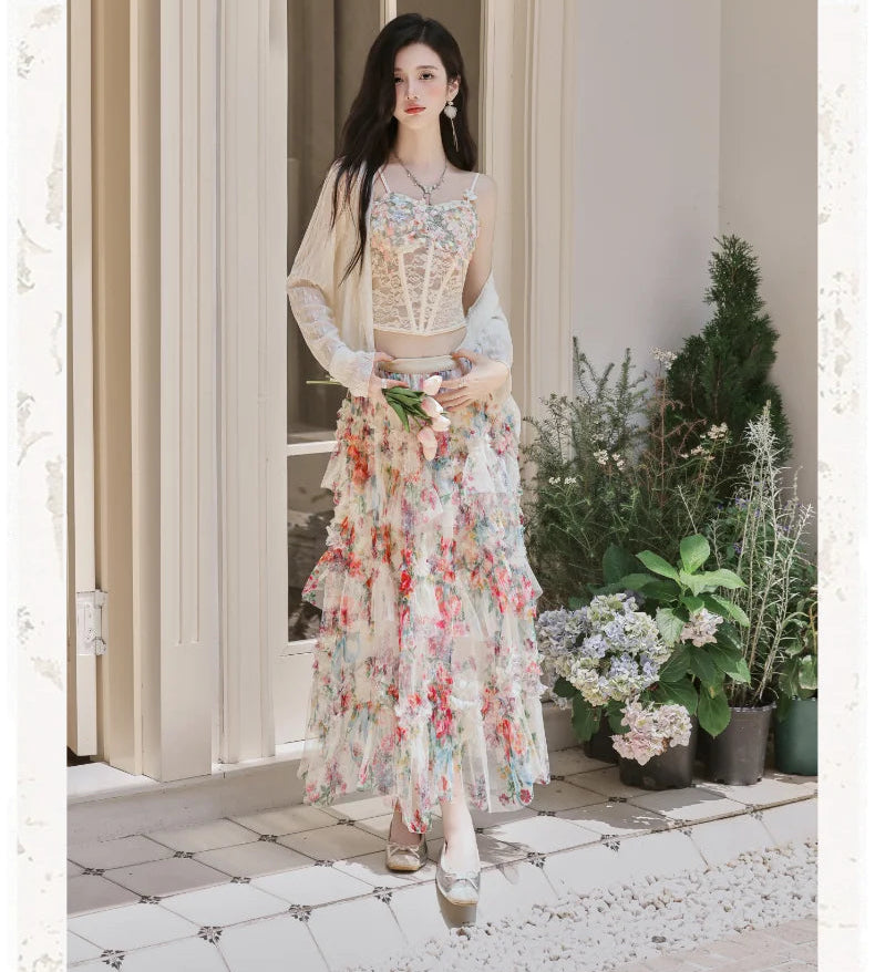 Elainna 3-Piece Outfit - Lace Bustier Top + Floral Ruffle Skirt + Cardigan