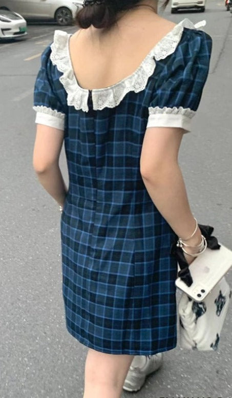 Blue Plaid Vintage-style Mini Dress