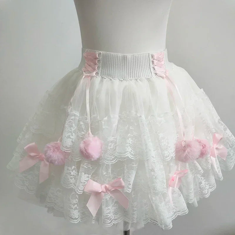 PomPom Balletcore Princess Coquette Style Lace Skirt with Bows