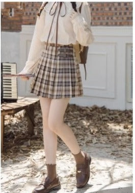 High Waist Dark Academia Plaid Pleated Skirt with Built-in Shorts