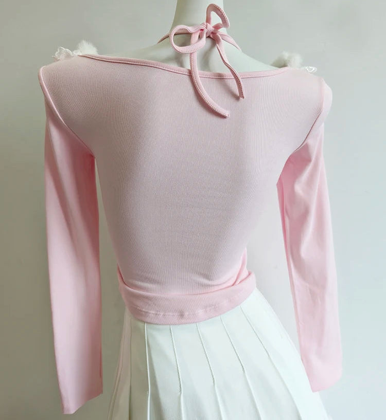 Pearls & Lace Pink Long Sleeve Coquette Top