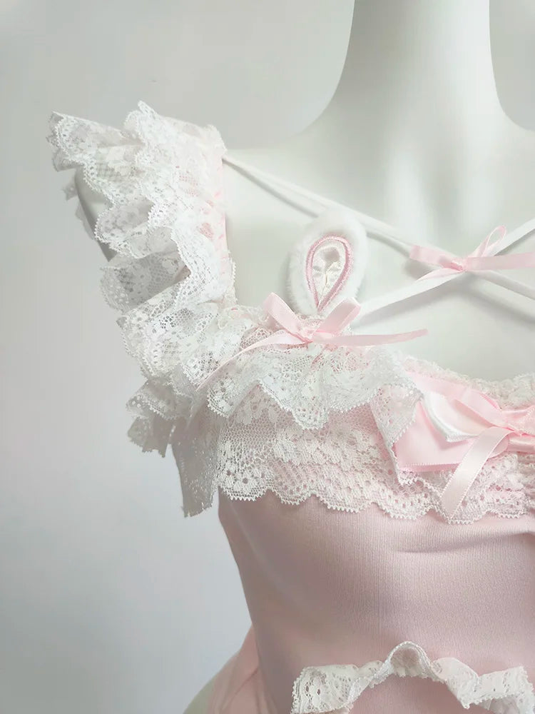 Wonder-hop Pink Coquette Bustier Top with Bunny Ears and Lace Ruffles