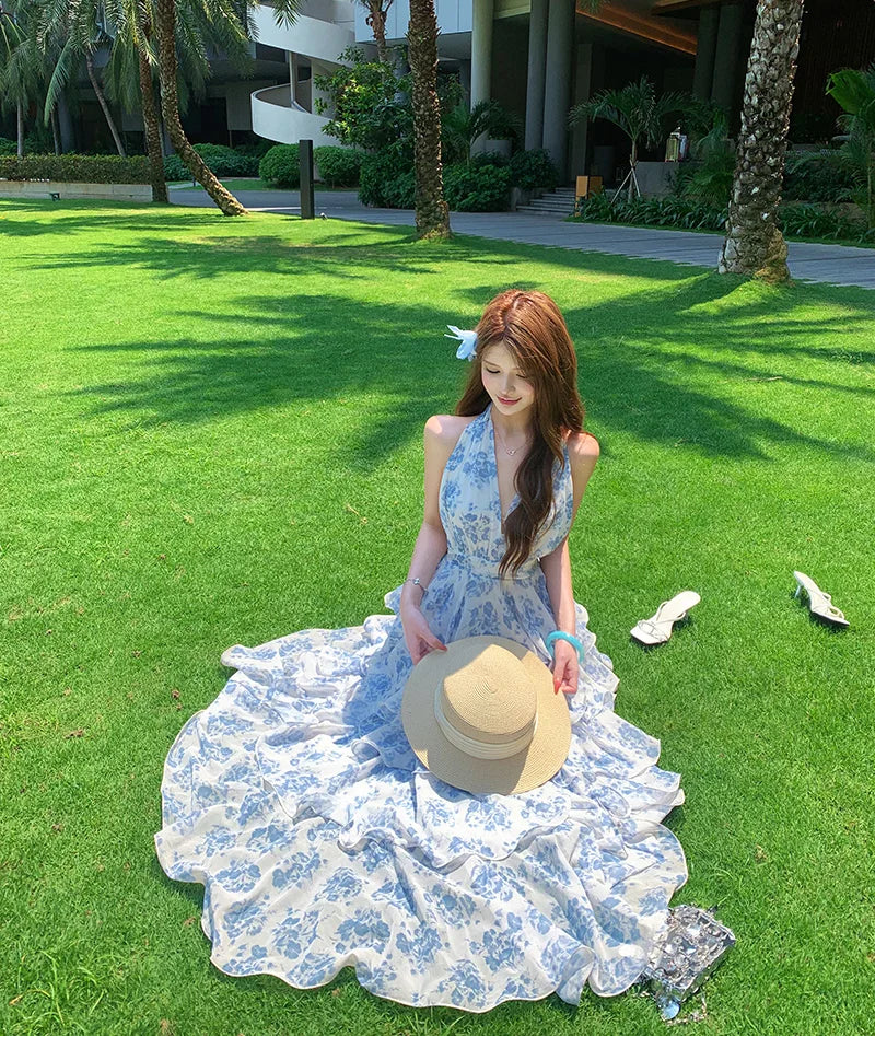 Blue Floral Fairycore Coquette Maxi Dress