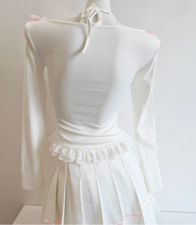 Pink/White Coquette Long Sleeve Lace-Up Kawaii Top