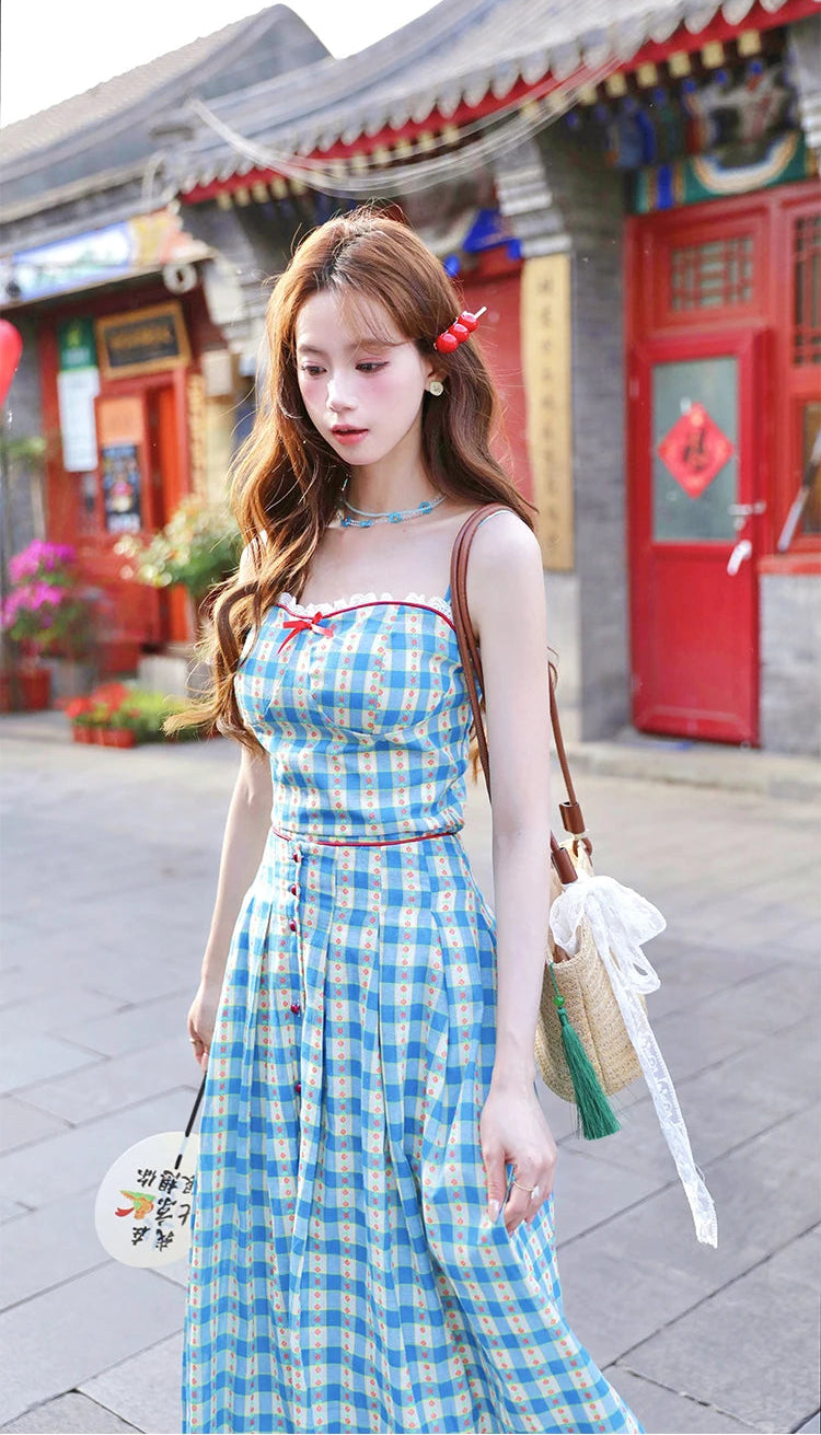 2-Piece Blue Plaid Picnic Dress Set