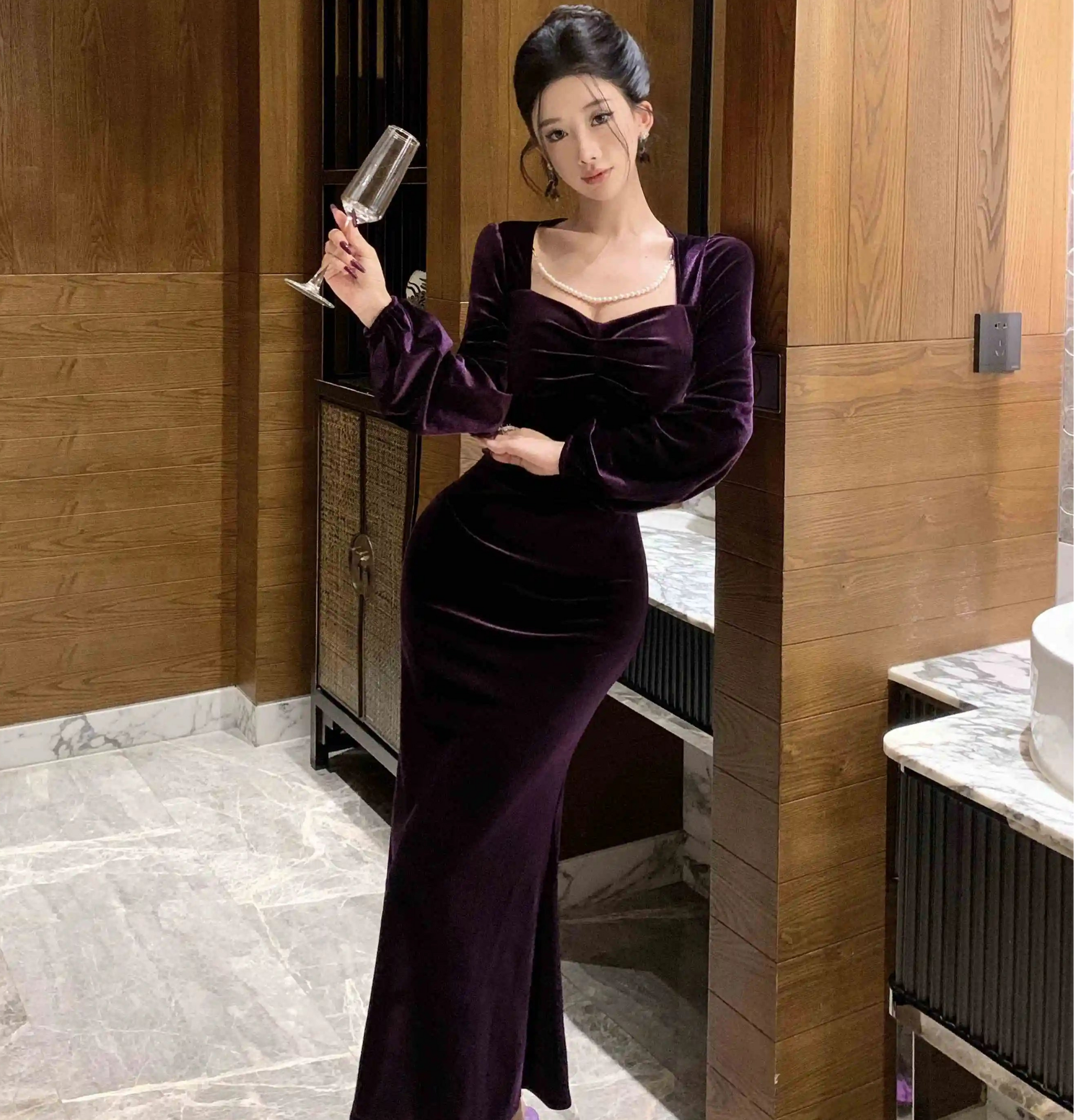 Purple Roseriver Pearl Chain Velvet Dress